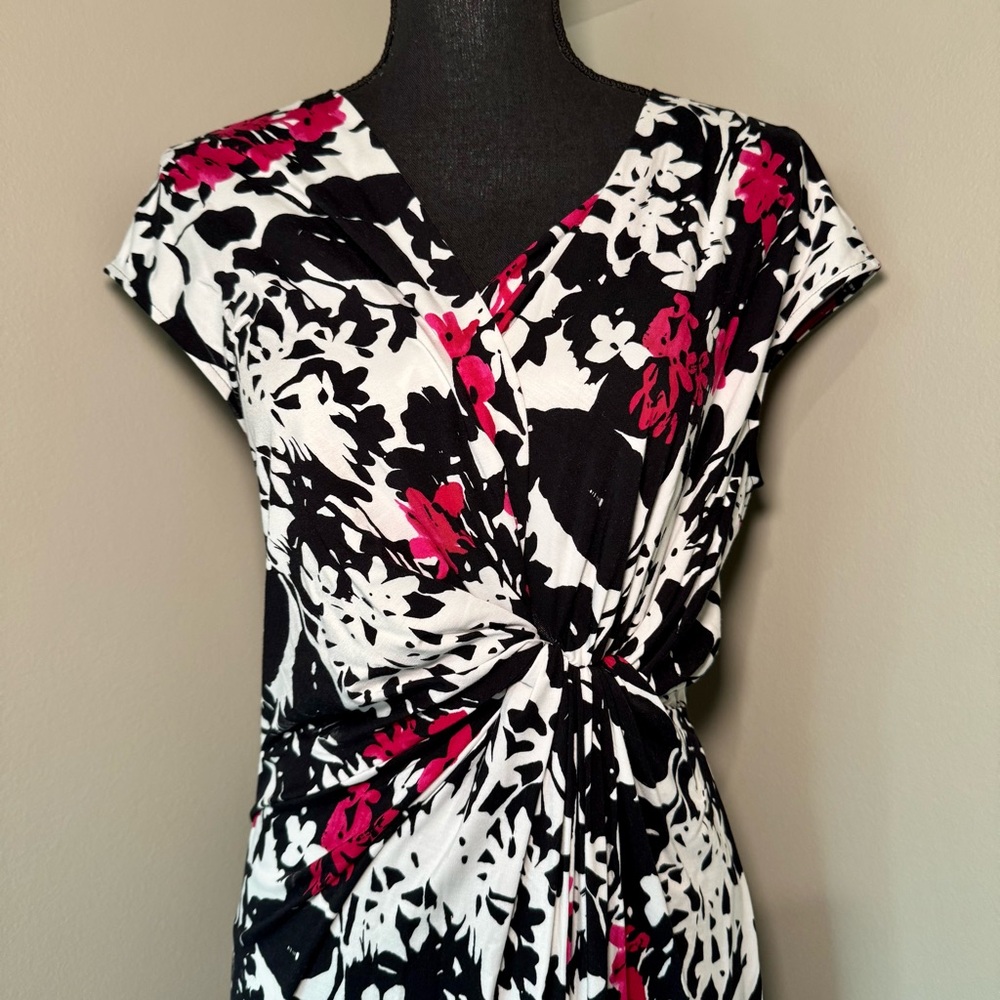 Lafayette 148 New York Black Pink Floral Twist Front Faux Wrap Dress Size 6‎ H23
